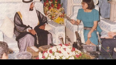 Sheikh Zayed is interviewed during his visit to China in 1990. In May, he embarked on a 17-day tour of Asia, going on to visit Japan and Indonesia. Courtesy National Archives