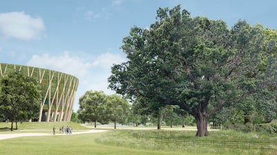 A rendering of the 8,000-seat show court in the planned expansion of the Wimbledon site, in south-west London. Photo: AELTC