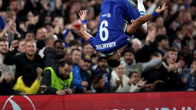 Chelsea's Pierre-Emerick Aubameyang celebrates after making it 2-0. EPA