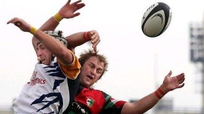 Harlequins’ Ali Thompson, right, wins the ball from a lineout.
