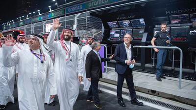 Prince Mohammed and officials wave to the crowd. Photo: SPA