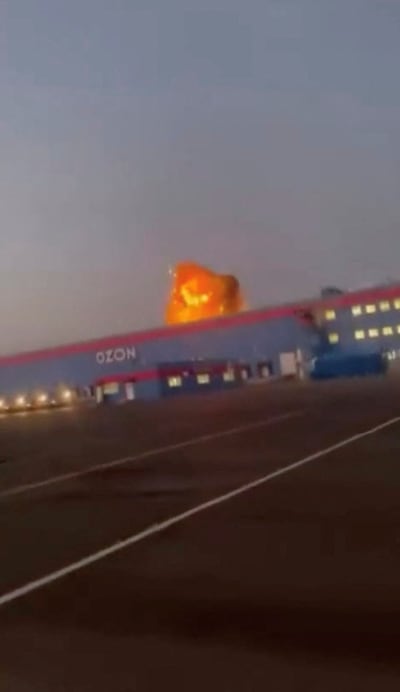 Flames rise from Russia's Ozon plant following a Ukrainian drone strike. Reuters