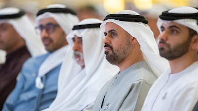 Sheikh Theyab bin Mohamed, Chairman of the Office of Development and Martyrs Families Affairs at the Presidential Court, attends the national session on the fourth anniversary of the Day of Solidarity at Qasr Al Watan