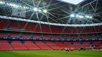 Barcelona players attend a team training session at Wembley Stadium. AFP