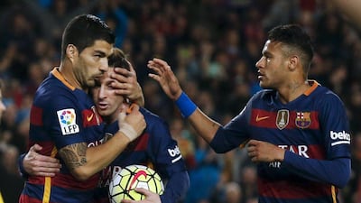 Luis Suarez, Lionel Messi and Neymar of Barcelona shown during their La Liga match against Sporting Gijon last weekend. Albert Gea / Reuters / April 23, 2016