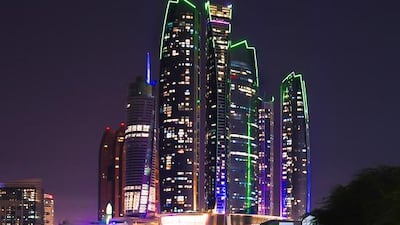 Etihad Towers is lit up in green in support of Abu Dhabi Sustainability Week. Courtesy General Secretariat of the Executive Council