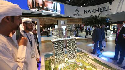 A model of Nakheel’s Palm 360 project, a 220 metre-high hotel and residential tower complex, unveiled at this year’s Cityscape Global exhibition in September 2017. Organisers have announced on-site sales are permitted again at the conference this year. Satish Kumar / The National