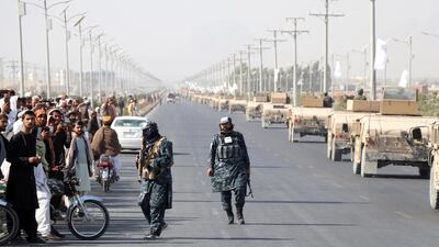 The Taliban show their military might during a parade in Kandahar, Afghanistan. EPA