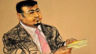 A court sketch of Majid Khan. He pleaded guilty on Wednesday in helping Al Qaeda attacks from Pakistan. He reached a plea deal with the US government which he will help convict fellow prisoners at Guantanamo Bay.
