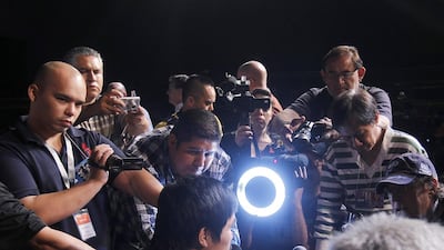 Manny Pacquiao does a media session last year in Las Vegas before he fought Timothy Bradley. Mike Young for The National / April 12, 2014