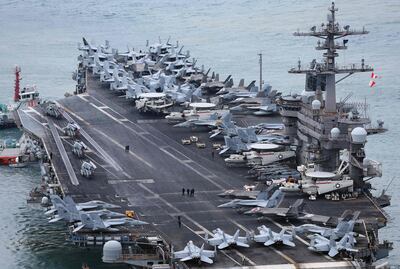 The USS Carl Vinson, a US nuclear-powered aircraft carrier, arrives at a South Korean naval base. AFP