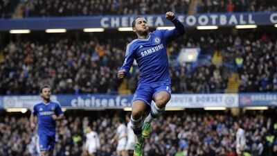 Eden Hazard celebrates after scoring for Chelsea against Swansea during an English Premier League match at Stamford Bridge on Thursday. Andy Rain / EPA