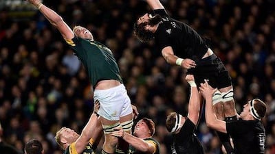South Africa’s Pieter-Steph du Toit, top left, jumps to take the lineout ball with New Zealand’s Sam Whitelock, top right, during the rugby Test match between New Zealand and South Africa at AMI Stadium in Christchurch on September 17, 2016. Marty Melville / AFP
