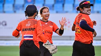 Falcons bowler Anju Gurung celebrates taking the wicket of Spirit opener Sarah Bryce in the FairBreak Invitational semifinal at Dubai International Stadium. All photos: FairBreak Global