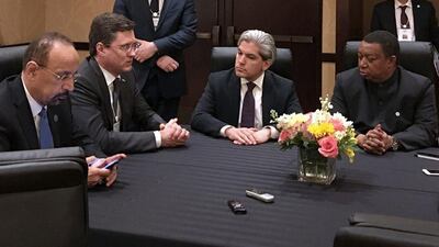 From left: the Saudi energy minister Khalid Al Falih, the Russian oil minister Alexander Novak, Mexico’s deputy secretary of energy Aldo Flores and the secretary general of Opec Mohammed Barkindo said the output cut deal was working at CeraWeek in Houston. Ruthy Munoz / Reuters