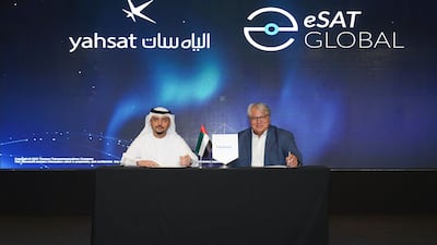 Sulaiman Al Ali, Yahsat’s chief commercial officer and Rick Somerton, chief executive and president of eSat Global at the signing ceremony. Photo: Yahsat