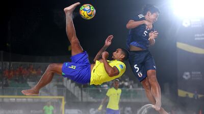 Rodrigo Soares Da Costa of Brazil, left, competes for the ball with Ryota Tsuboya of Japan at the Neom Beach Games in Saudi Arabia. Getty Images