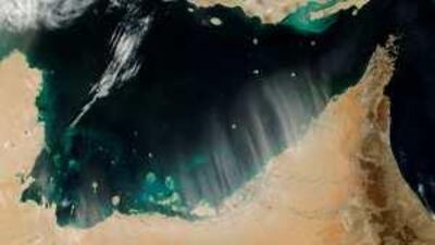 Parallel plumes of dust blow off the coast of the United Arab Emirates and over the Persian Gulf, on Feb 28 2009.