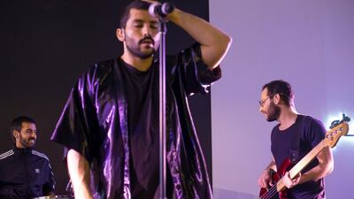 Mashrou Leila perform at Hay Festival at Atrium, Manaarat Saadiyat.