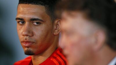 Chris Smalling of Manchester United shown at Wednesday's press conference ahead of their Thursday night match against Liverpool in the Europa League. Jason Cairnduff / Action Images / Reuters / March 9, 2016