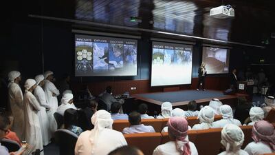 Khalifa University students and faculty attend a talk at the Abu Dhabi campus. Delores Johnson / The National