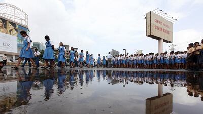 School children take part in the 'clean hands to save lives' campaign held at the Centre One Mall in Vashi in Navi, Mumbai. Pawan Singh / The National