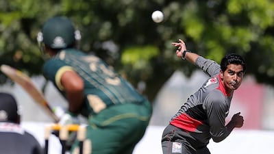 Former UAE cricket captain Saqib Ali, shown here bowiling against Pakistan 'A' at the ICC Global Academy at the Dubai Sports City in Dubai, will feature for Gemini Arabian in the Masters Champions League. Satish Kumar / The National