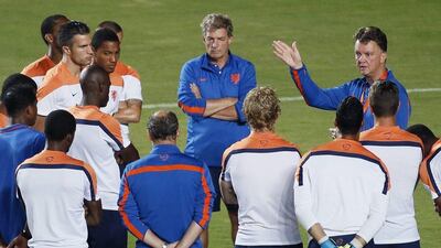 Netherlands coach Louis van Gaal leads a training session on Friday ahead of their Saturday match against Costa Rica at the 2014 World Cup. Yuri Kochetkov / EPA / July 4, 2014