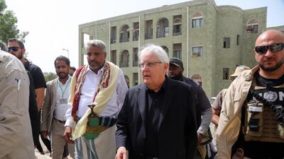 UN Special Envoy for Yemen Martin Griffiths, centre, arrives for a meeting with Houthi-appointed local officials in the embattled Yemeni Red Sea port city of Hodeidah. AFP