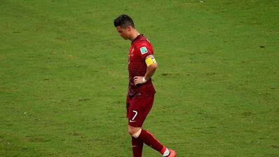 Cristiano Ronaldo shown during Portugal's 2-2 draw with USA on Sunday in 2014 World Cup Group G play in Manaus, Brazil. Elsa / Getty Images / June 22, 2014