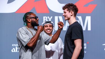 Aljamain Sterling, left, and Chase Hooper during the launch of the second edition of Abu Dhabi Extreme Championship at the Mubadala Arena in Abu Dhabi. Victor Besa / The National