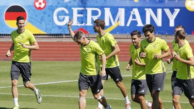 Bastian Schweinsteiger, 2nd left, leads the players running during the last training session of the German national football team at their base camp in Evian-Les-Bains, France, Wednesday, July 6, 2016. Germany will face France in a Euro 2016 semi-final match in Marseille on Thursday, July 7, 2016 Michael Probst / AP Photo