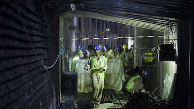 Men work and a steady bustle continues during the night shift at the Louvre Abu Dhabi construction site on Saadiyat Island. Silvia Razgova / The National
