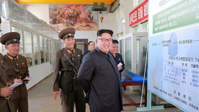 North Korean leader Kim Jong-un smiles during a visit to the Chemical Material Institute of the Academy of Defence Science in this undated photo released by the country's Korean Central News Agency (KCNA) in Pyongyang on August 23, 2017. KCNA via Reuters