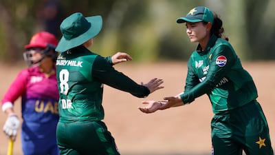 Pakistan bowler Tuba Hassan of celebrates after claiming the wicket of UAE's Samaira Dharnidharka for three