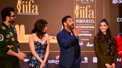 Actors Manish Paul, Divya Khosla Kumar, Salman Khan and Nora Fatehi at the launch of the IIFA Awards 2022 in Abu Dhabi. The two-day event will be held at the Etihad Arena on Yas Island. All photos: Khushnum Bhandari / The National
