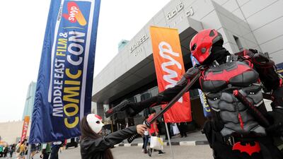 Dubai, United Arab Emirates - April 11, 2019: Visitors dress up as they visit the Middle East Film and Comic Con. Thursday the 11th of April 2019. World Trade Centre, Dubai. Chris Whiteoak / The National