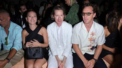 MILAN, ITALY - SEPTEMBER 21: (L-R) Scarlett Johansson, Wes Anderson and Vincent Cassel attend the Prada Spring/Summer 2024 Womenswear Fashion Show on September 21, 2023 in Milan, Italy. (Photo by Jacopo M. Raule / Getty Images for Prada)