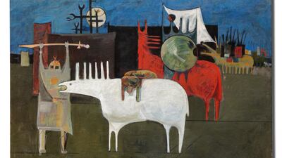 This especially richly coloured and detailed canvas from Kadhim Hayder's 'The Epic of the Martyr (How He Wandered with the Heart of a Martyr)', from 1963, comes from the Madhloom collection and has an estimate of $140,000–210,000. Courtesy Bonhams