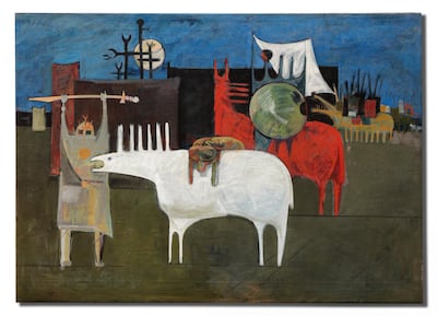 This especially richly coloured and detailed canvas from Kadhim Hayder's 'The Epic of the Martyr (How He Wandered with the Heart of a Martyr)', from 1963, comes from the Madhloom collection. Photo: Bonhams