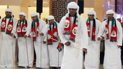 A yaweela band and performers at the Dubai Mall for part of the Eid al Adha celebrations.