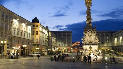 Hauptplatz, which is the main square in Linz. The city boasts a wealth of forward-thinking hotels, museums and art galleries. Getty Images