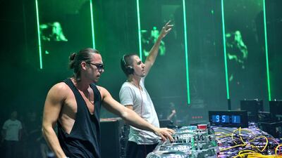 Like Mike, left, and Dimitri Vegas will make their UAE debut on New Year’s Eve at Meydan, Dubai. Sonia Recchia / WireImage