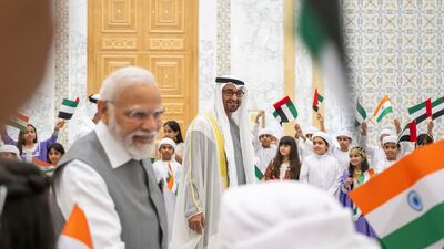 Sheikh Mohamed hosts a reception for Indian Prime Minister Narendra Modi, at Qasr Al Watan, on July 15, 2023. UAE Presidential Court