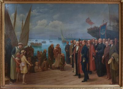 Italian artist Fredo Franzoni depicts the welcome given to the thousands of migrants fleeing Belgium during the First World War. Courtesy Folkestone Museum