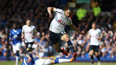 Nacer Chadli of Spurs and Muhamed Besic of Everton comepte for the ball during the Barclays Premier League match between Everton and Tottenham Hotspur at Goodison Park on May 24, 2015 in Liverpool, England. (Photo by Jan Kruger/Getty Images)