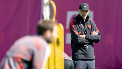 Bayern Munich manager Thomas Tuchel watches a training session in Munich on April 10, 2023, on the eve of his side's Champions League quarter-final, first-leg clash against Manchester City. AP