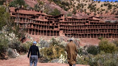 Each compartment is home to a cylindrical wicker hive, covered with a mix of earth and cow dung.