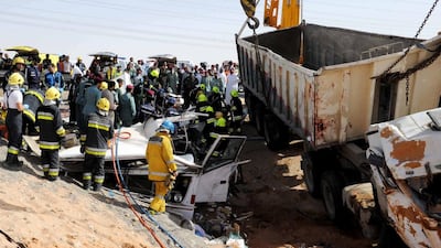 Twenty one people died when a lorry ploughed into the back of a bus carrying 45 workers on the E30 old truck road beside the Al Rawda Palace on the outskirts of Al Ain. Courtesy Al Ain Police