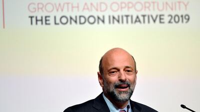 Jordanian Prime Minister Omar al-Razzaz speaks at the Jordan Growth and Opportunity Conference on February 28, 2019 in London. / AFP / POOL / TOBY MELVILLE